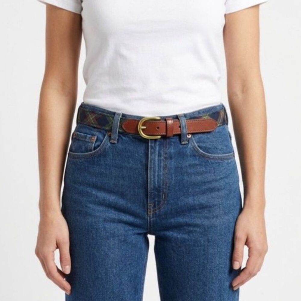 Ginny Johansen Women's Vintage Tan Leather Blue Plaid Adjustable Thin Belt O/S
